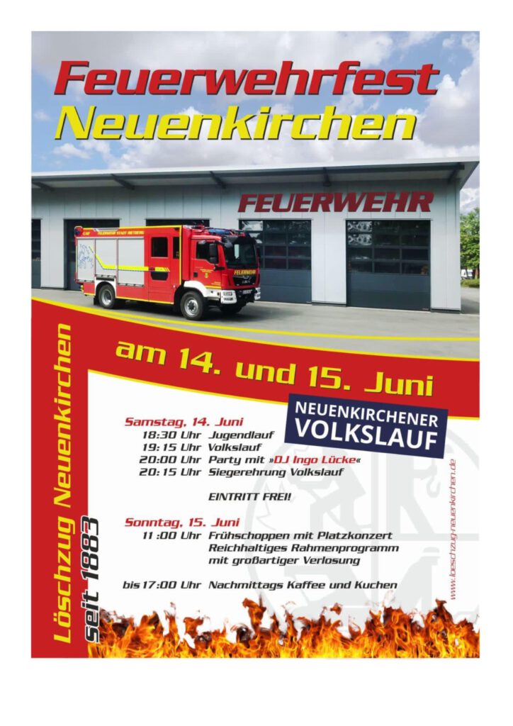 A poster for the Feuerwehrfest in Neuenkirchen, featuring a fire truck and details about the event on June 14 and 15, including activities like a youth run, a party with DJ, and a community gathering.